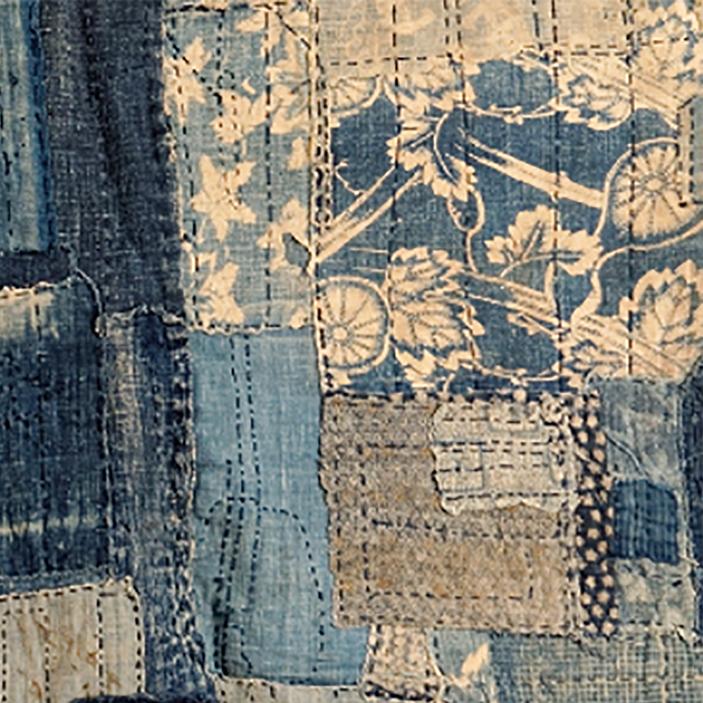  A boro noragi, early 1900s, sashiko-stitched, indigo and katazome dyed cotton Collection of Pip Steel. Image courtesy of Te Manawa. Image: Sam Millen